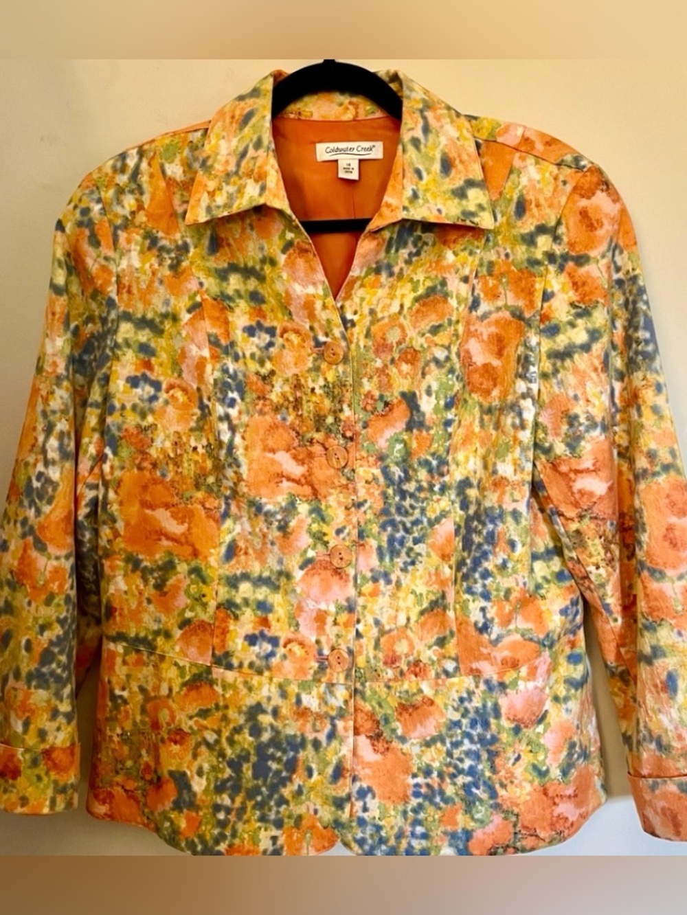Coldwater Creek Jacket Orange Multi Abstract Buttons Cuff 3/4 Sleeve Lined Sz 14